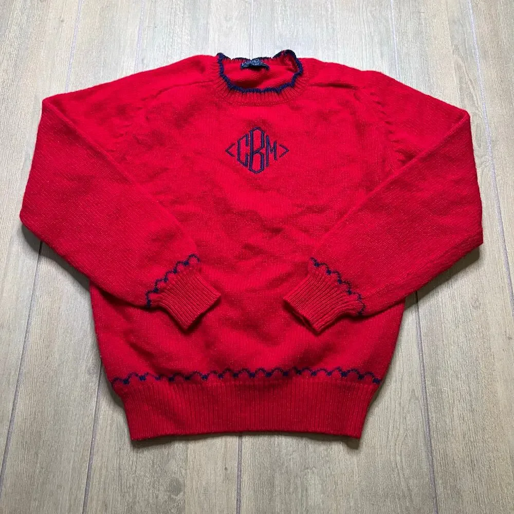 Vintage Lands’ End Red Wool Sweater Womens M Monogram CBM USA‎ Classic 90s